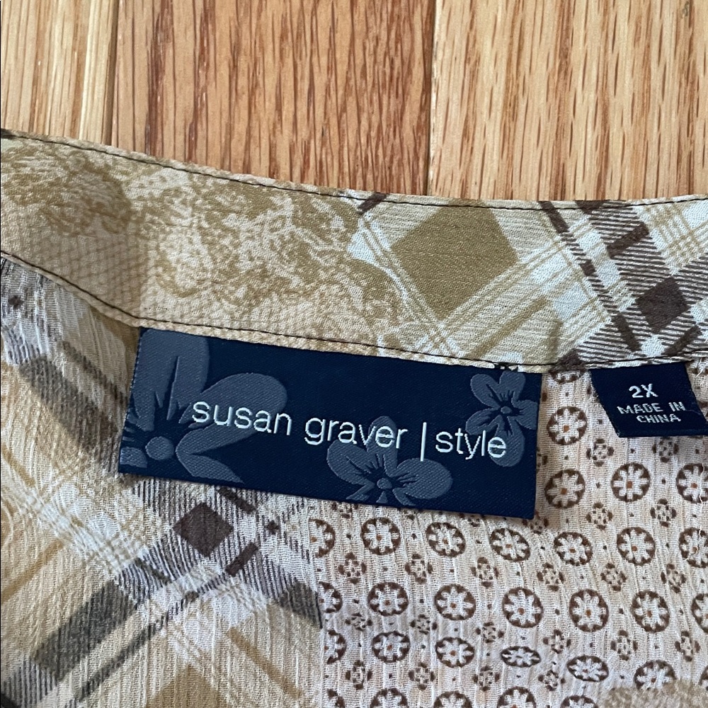 Susan Graver Top Womens 2x Brown Patchwork Print Button Up Boho Coastal Casual - Picture 2 of 10